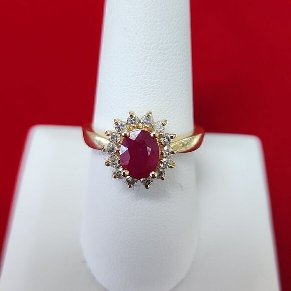 EFFY 14K Yellow Gold Natural Ruby And Diamond Halo Cocktail Ring - Picture 3 of 3